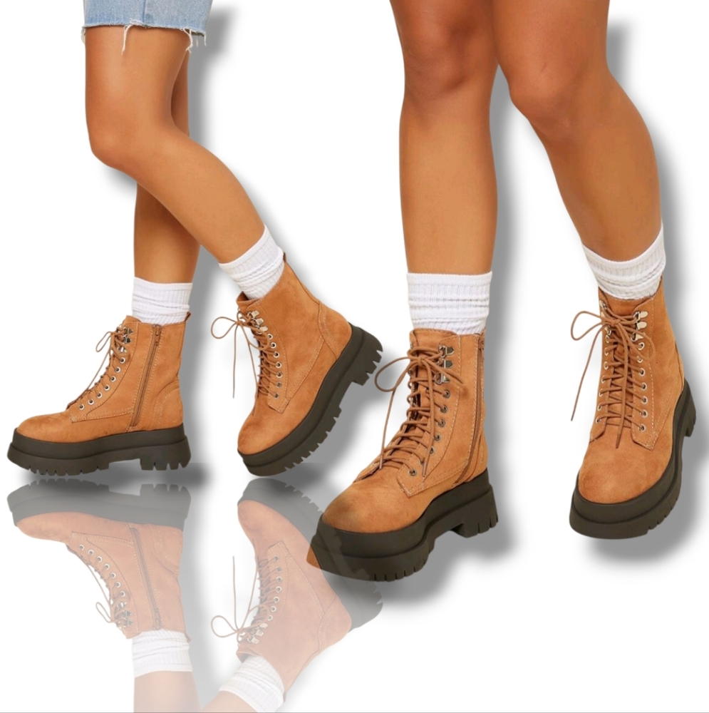 Women's Brown Faux Suede Lace/Zip-Up Platform Boots